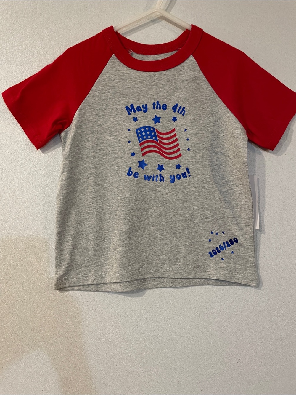 Kids Raglan Tee - Gray with Red Sleeves, Patriotic Print